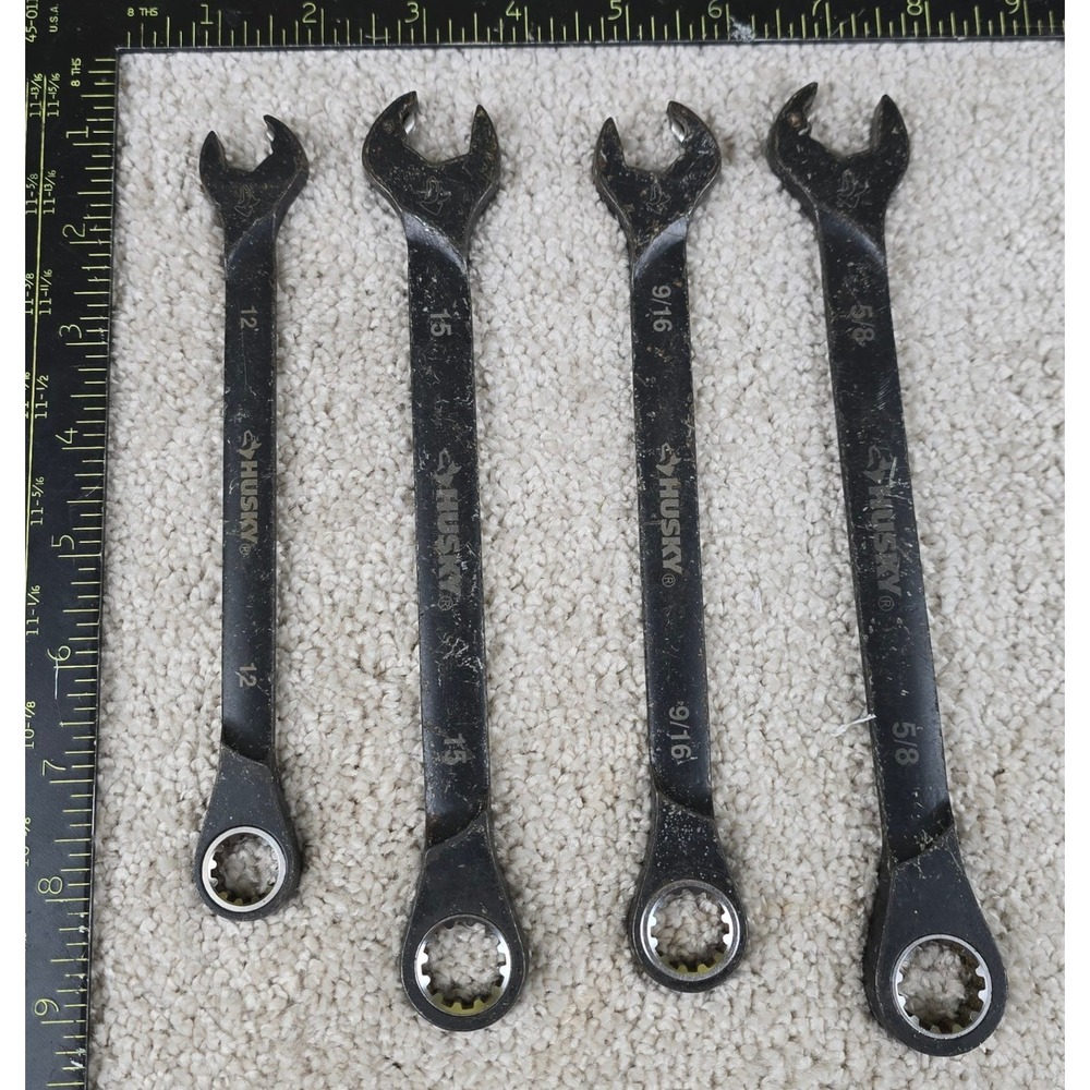 Husky Ratcheting‎ Wrench Set Black 4 Piece Metric SAE 12mm 15mm 9/16 5/8
